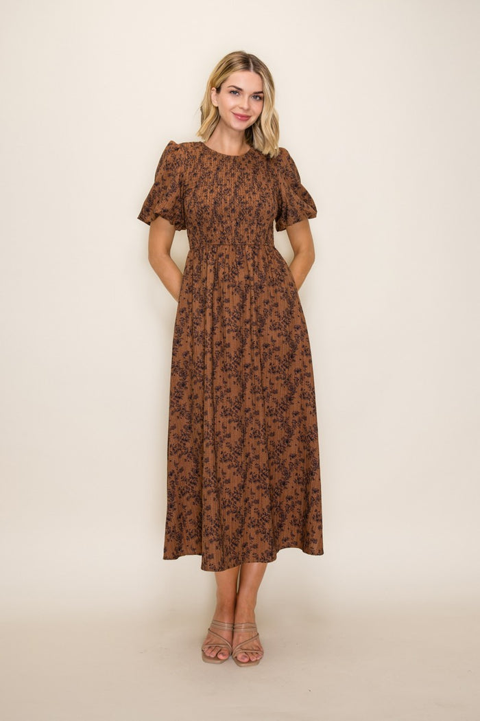 Clay Floral Smocked Puff Sleeve Maternity Dress