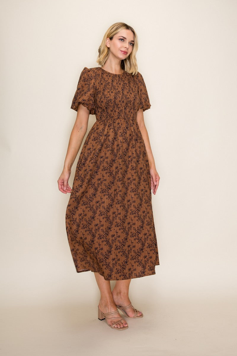 Clay Floral Smocked Puff Sleeve Dress