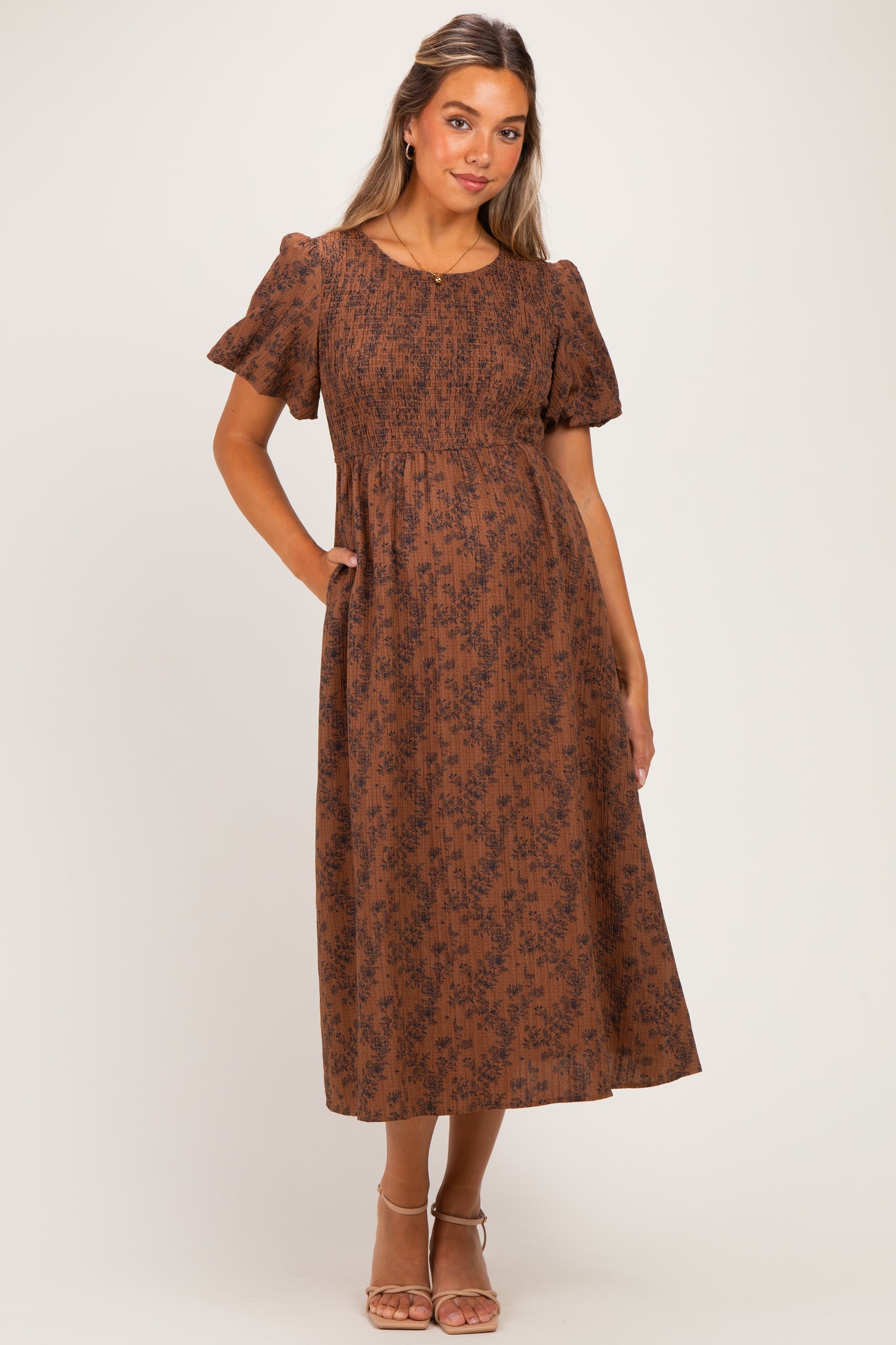 Clay Floral Smocked Puff Sleeve Maternity Dress