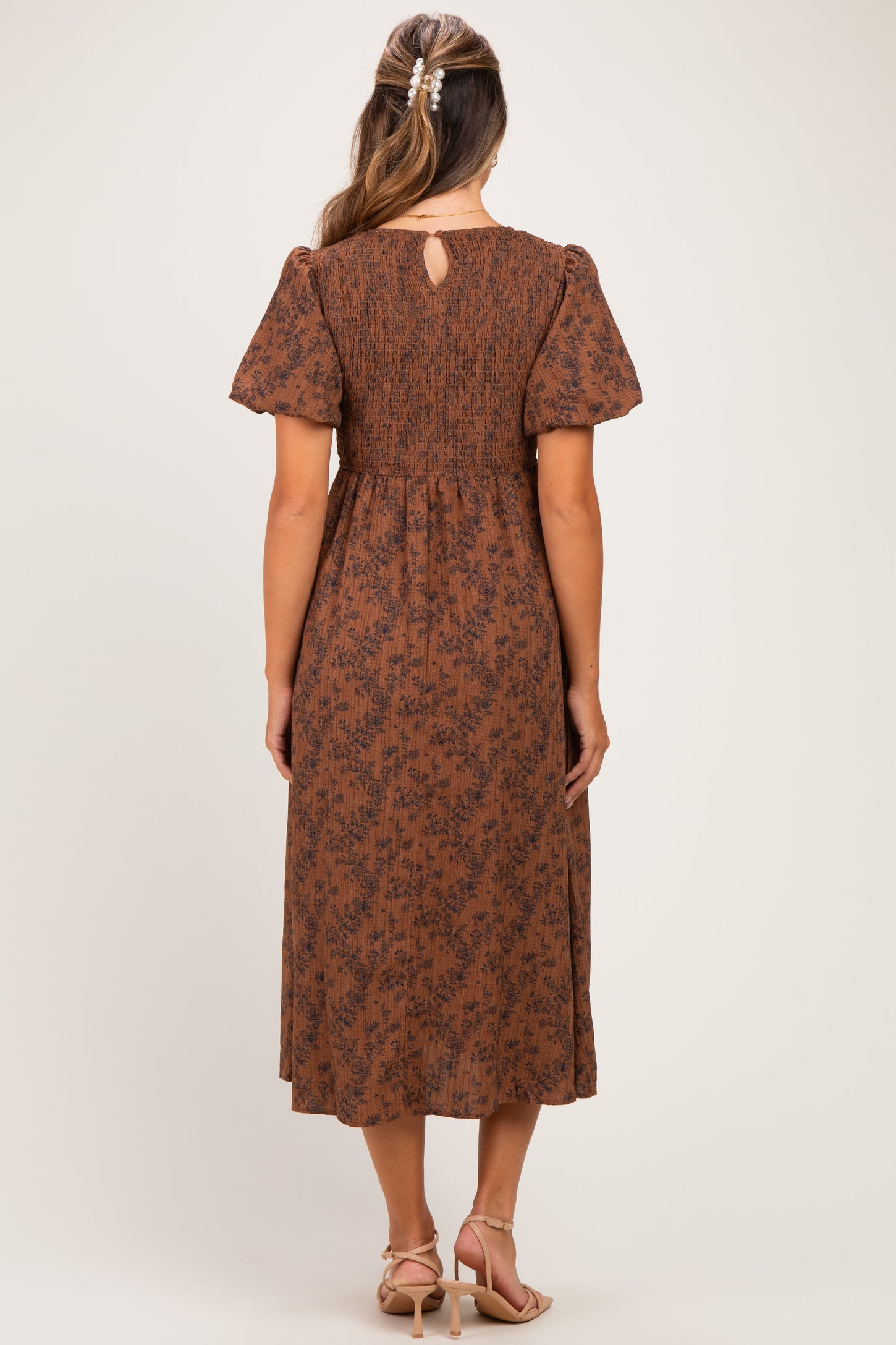 Clay Floral Smocked Puff Sleeve Maternity Dress