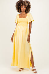 Yellow Chambray Smocked Maternity Maxi Dress