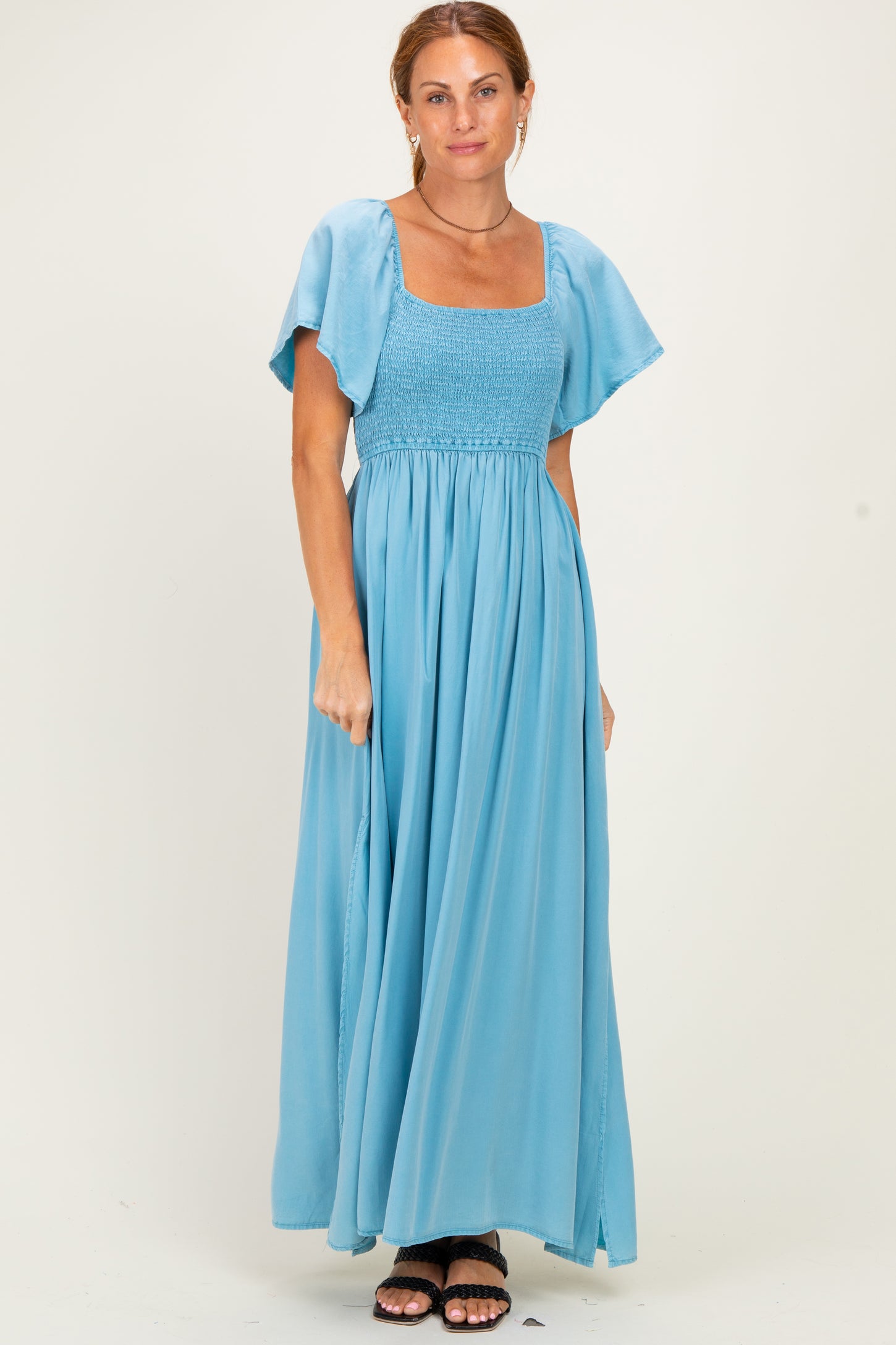 Milky Blue Chambray Smocked Maxi Dress