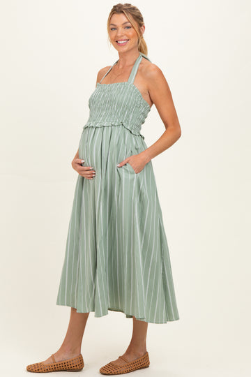 Eucalyptus Striped Smocked Halter Maternity Midi Dress