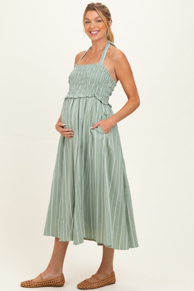 Eucalyptus Striped Smocked Halter Maternity Midi Dress