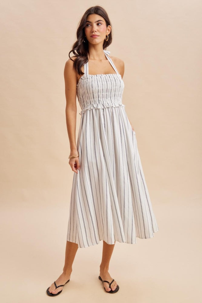 Off White Striped Smocked Halter Midi Dress