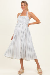 Off White Striped Smocked Halter Maternity Midi Dress
