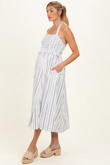 Off White Striped Smocked Halter Maternity Midi Dress