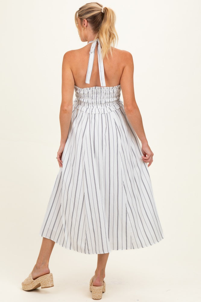 Off White Striped Smocked Halter Maternity Midi Dress