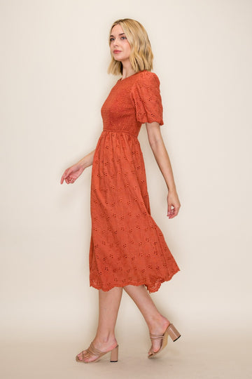 Terracotta Eyelet Smocked Midi Dress