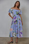 Periwinkle Floral Off Shoulder Balloon Sleeve Midi Dress