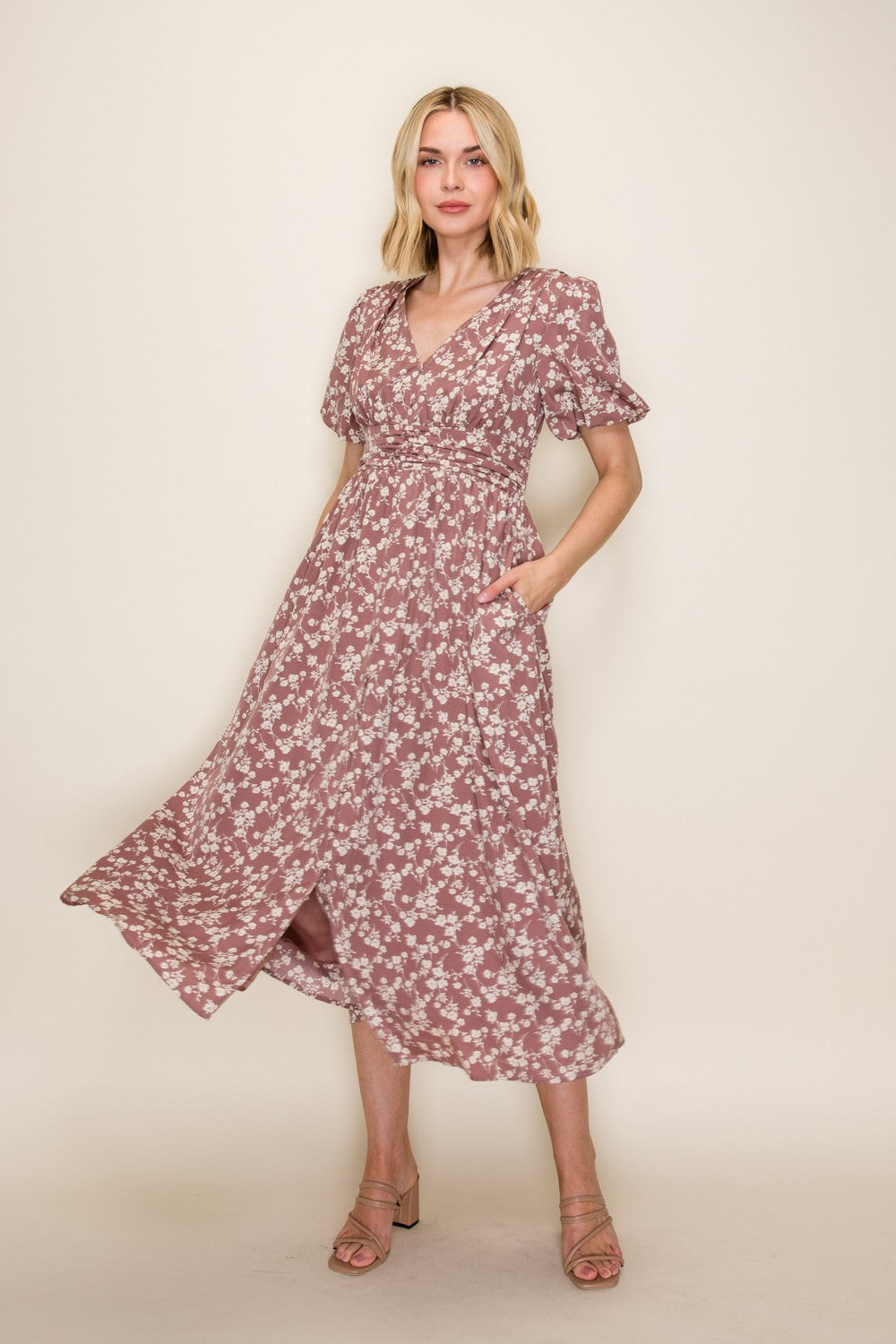 Mauve Floral Pleated Waist Midi Dress