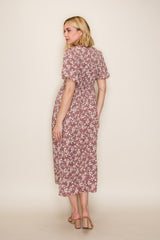 Mauve Floral Pleated Waist Midi Dress