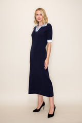 Navy Contrast Collar Short Sleeve Sweater Dress