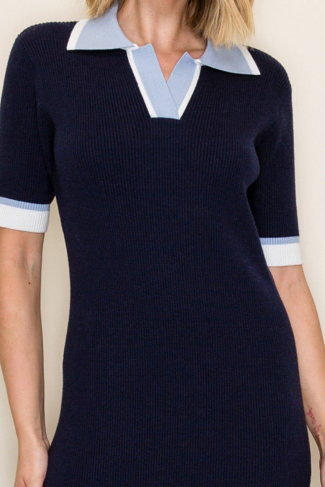 Navy Contrast Collar Short Sleeve Sweater Dress