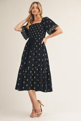 Black Smocked Embroidered Midi Dress