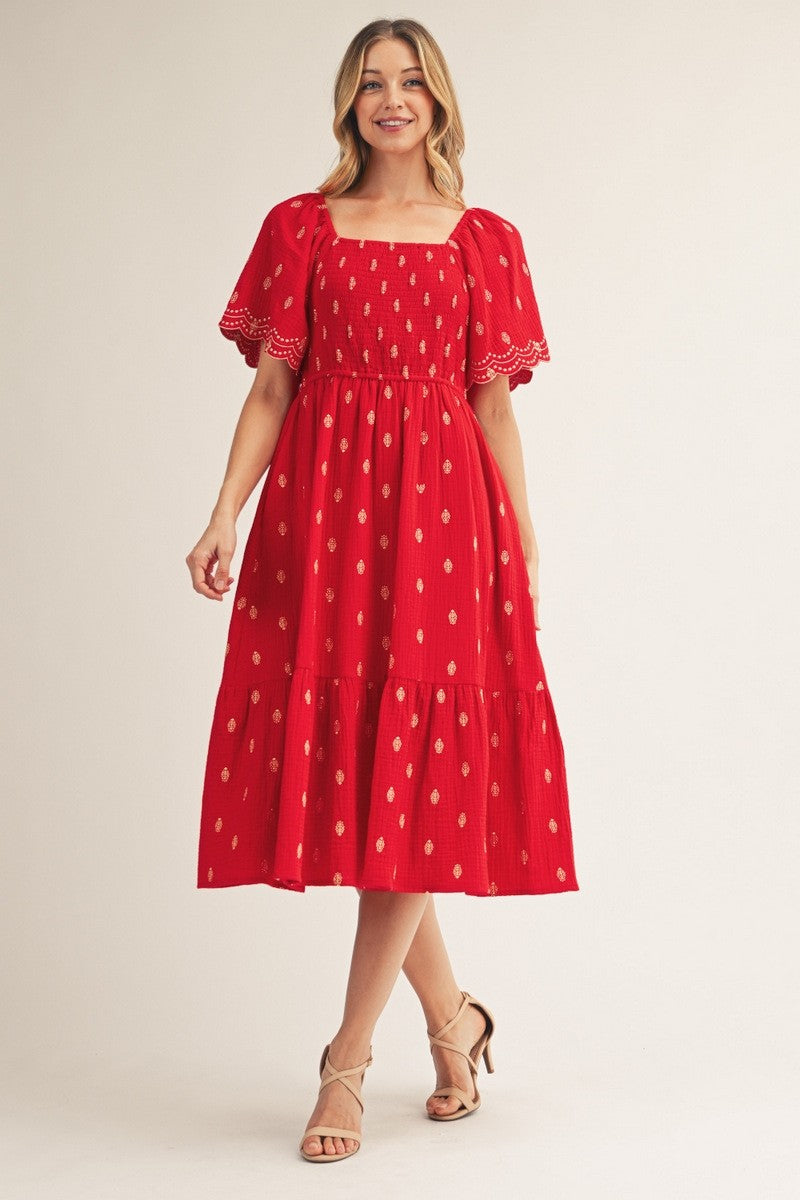 Red Smocked Embroidered Midi Dress