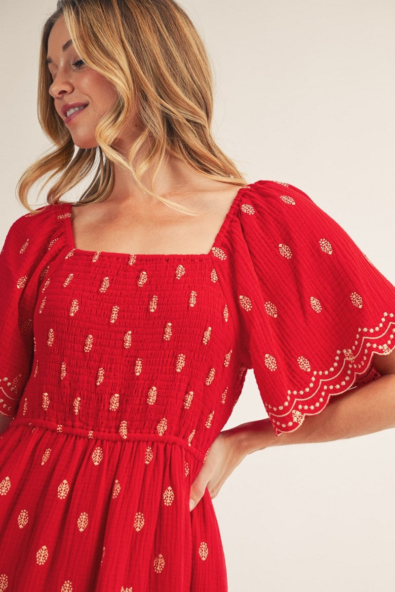 Red Smocked Embroidered Midi Dress