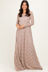 Mocha Floral Lace Long Sleeve Off Shoulder Maxi Dress