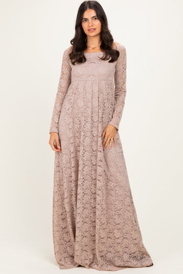 Mocha Floral Lace Long Sleeve Off Shoulder Maxi Dress