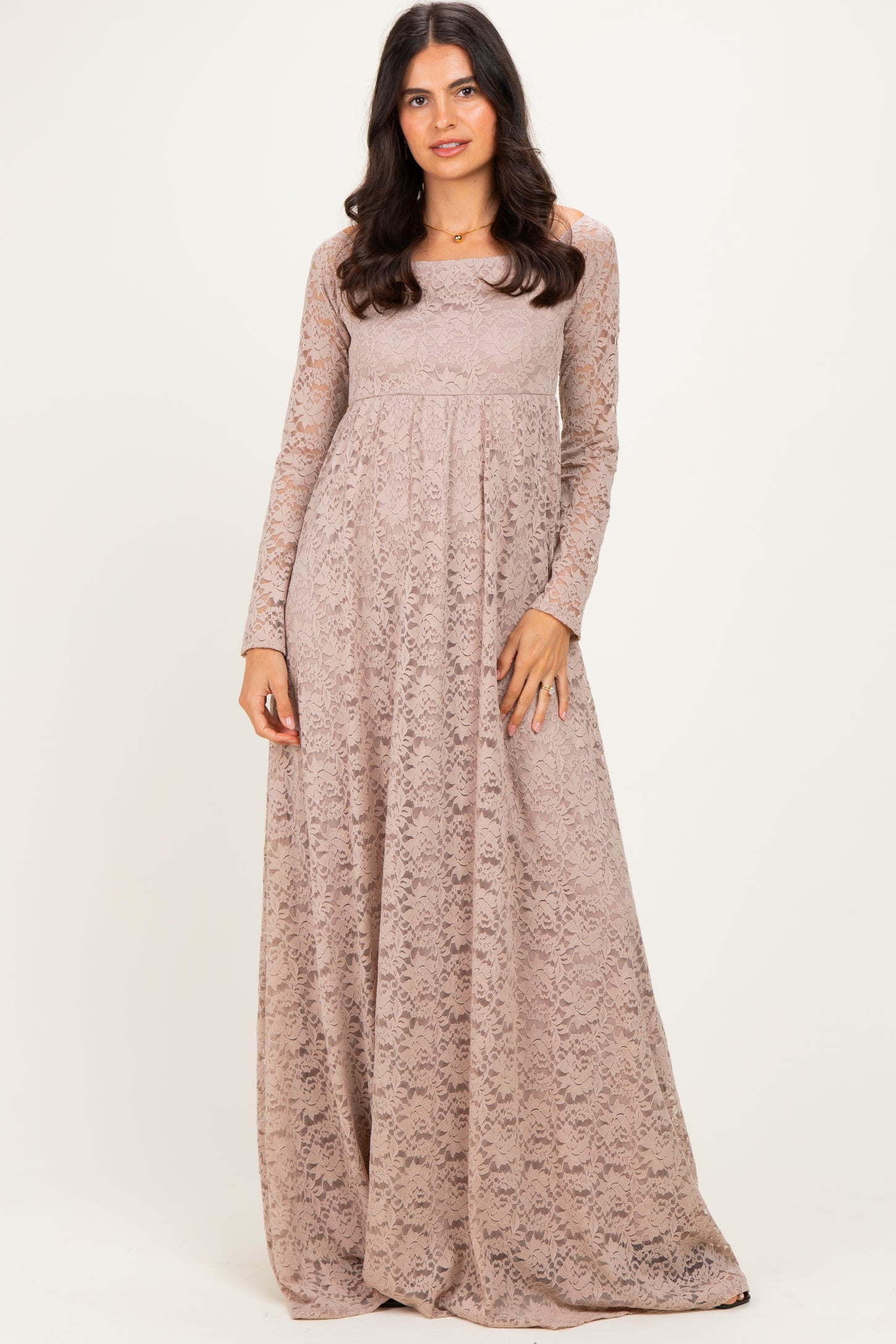 Mocha Floral Lace Long Sleeve Off Shoulder Maxi Dress