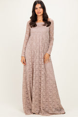 Mocha Floral Lace Long Sleeve Off Shoulder Maxi Dress