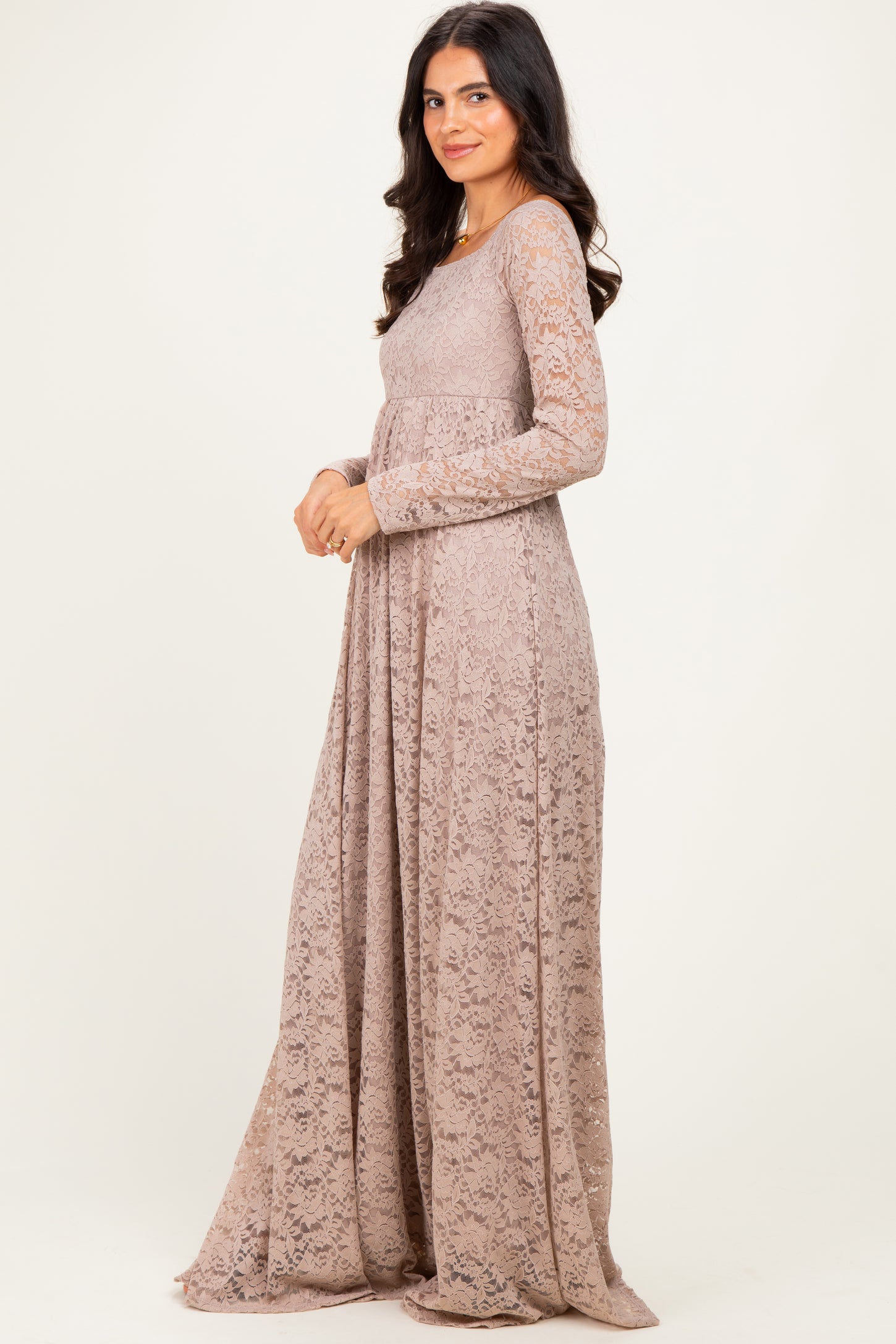 Mocha Floral Lace Long Sleeve Off Shoulder Maxi Dress
