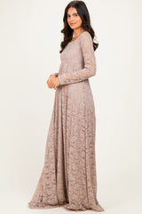 Mocha Floral Lace Long Sleeve Off Shoulder Maxi Dress