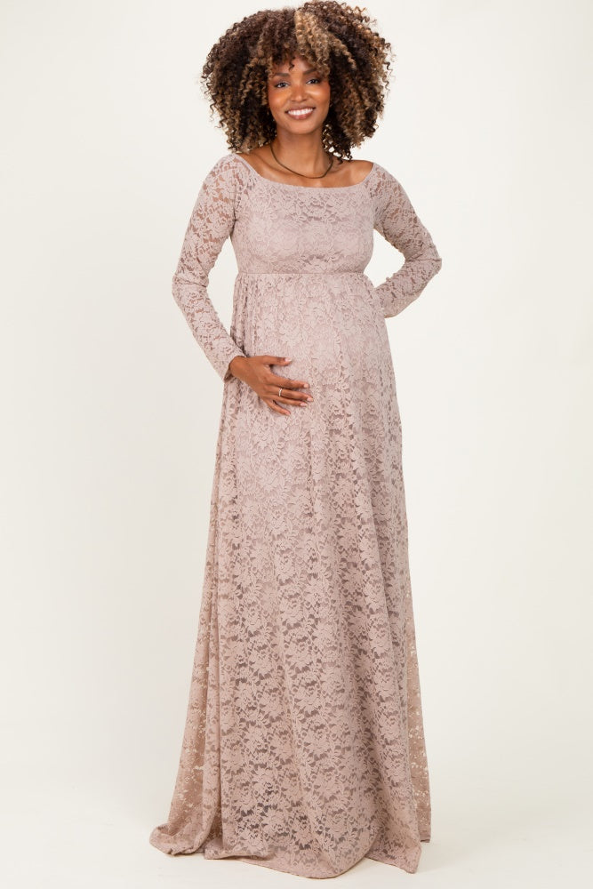 Mocha Floral Lace Long Sleeve Off Shoulder Maternity Maxi Dress