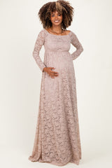 Mocha Floral Lace Long Sleeve Off Shoulder Maternity Maxi Dress
