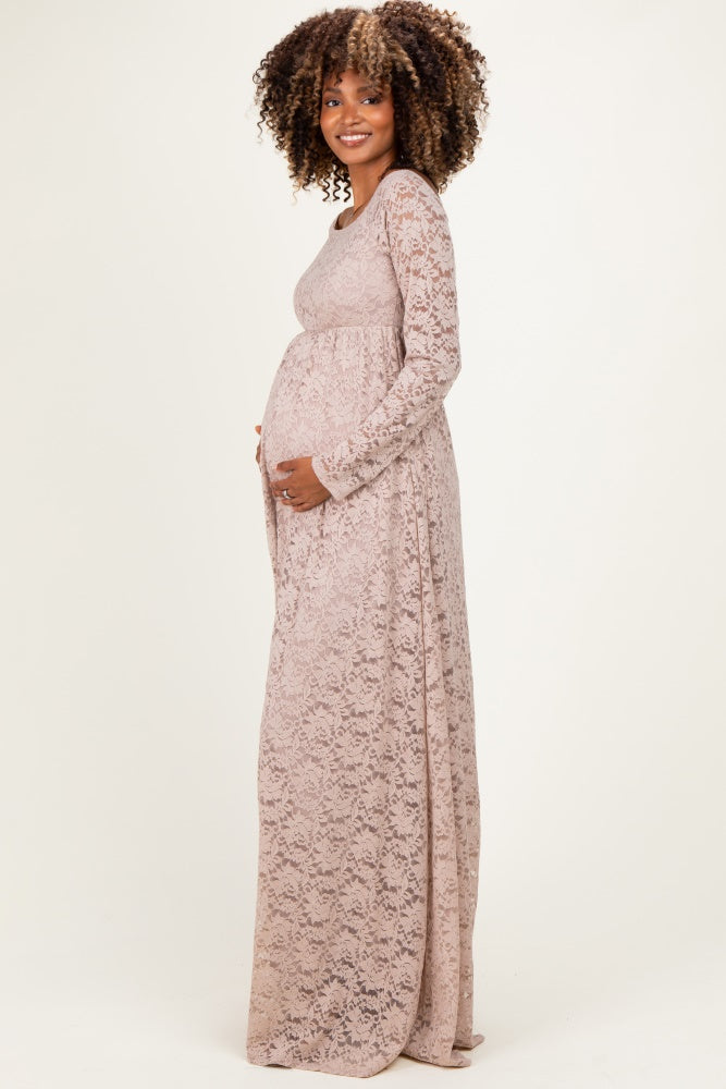 Mocha Floral Lace Long Sleeve Off Shoulder Maternity Maxi Dress