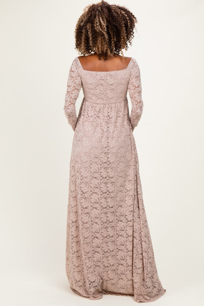 Mocha Floral Lace Long Sleeve Off Shoulder Maternity Maxi Dress