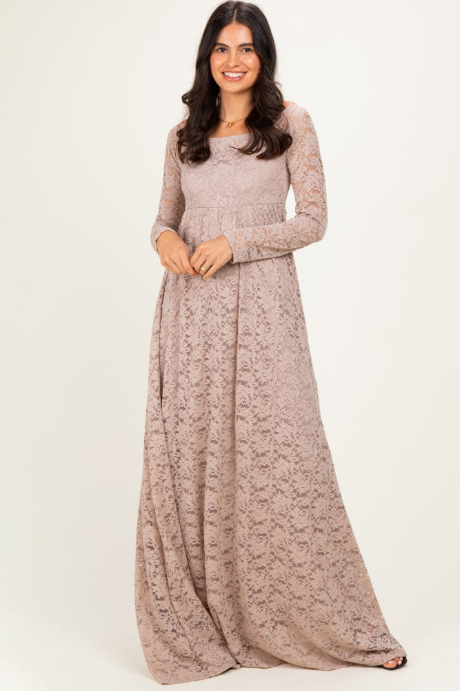 Mocha Floral Lace Long Sleeve Off Shoulder Maternity Maxi Dress