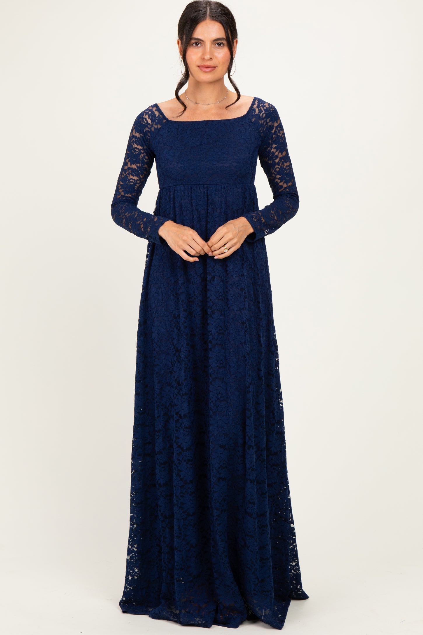 Navy Floral Lace Long Sleeve Off Shoulder Maxi Dress