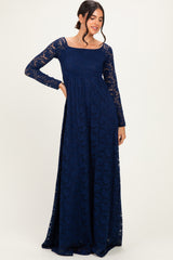 Navy Floral Lace Long Sleeve Off Shoulder Maxi Dress