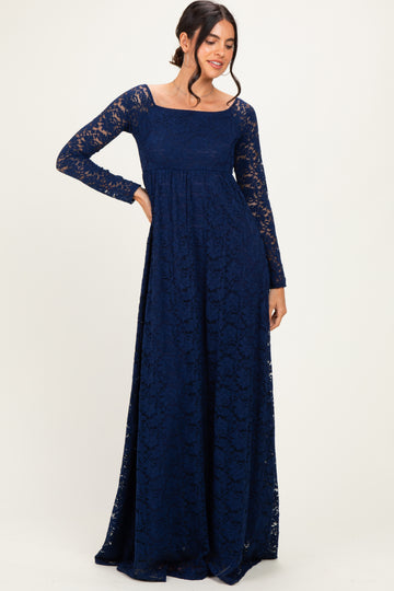 Navy Floral Lace Long Sleeve Off Shoulder Maxi Dress
