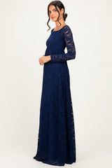 Navy Floral Lace Long Sleeve Off Shoulder Maxi Dress