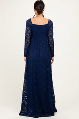 Navy Floral Lace Long Sleeve Off Shoulder Maxi Dress