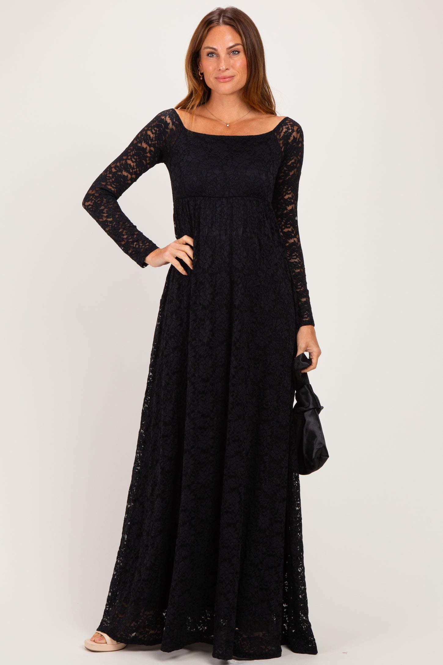 Black Floral Lace Long Sleeve Off Shoulder Maxi Dress