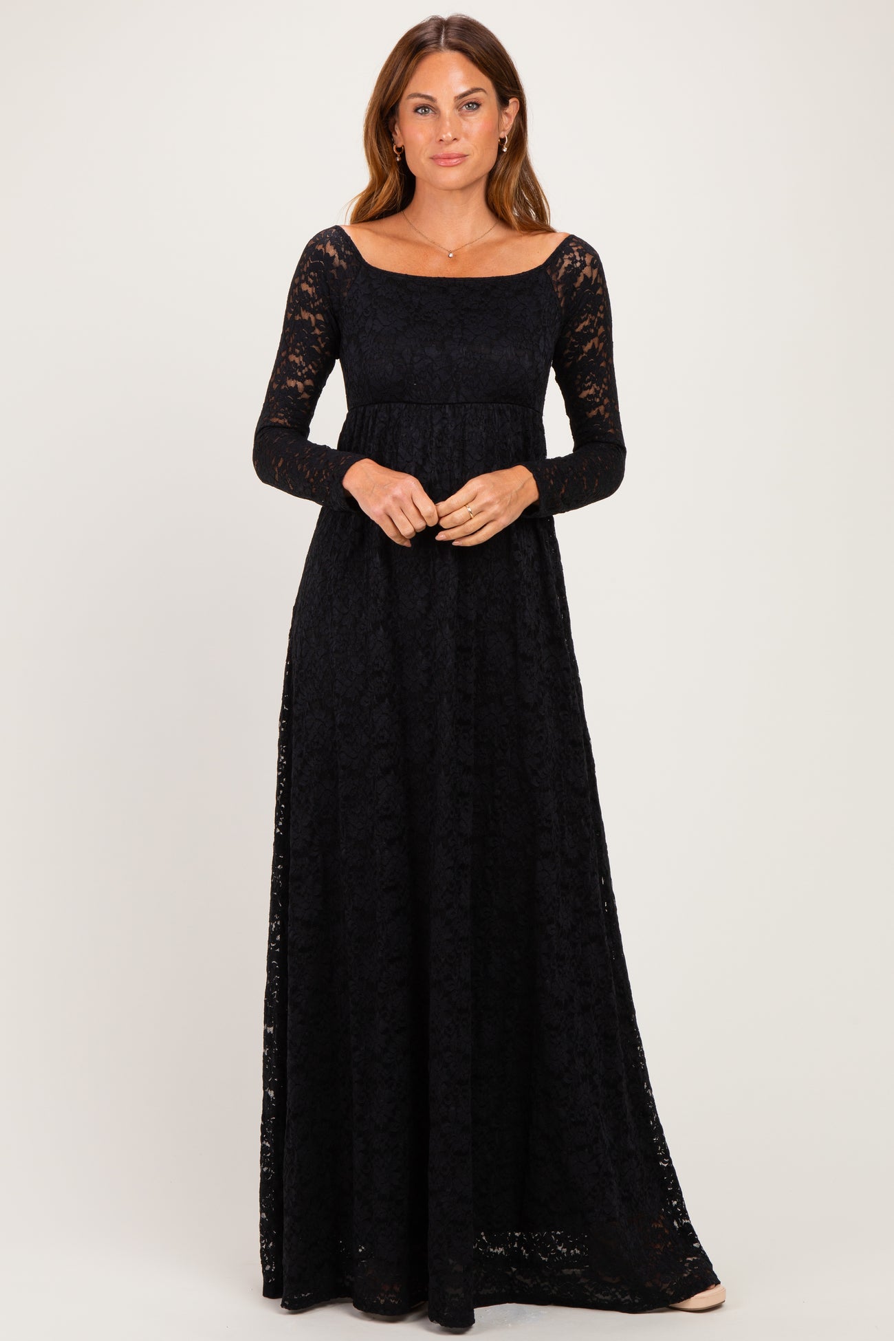 Black Floral Lace Long Sleeve Off Shoulder Maxi Dress