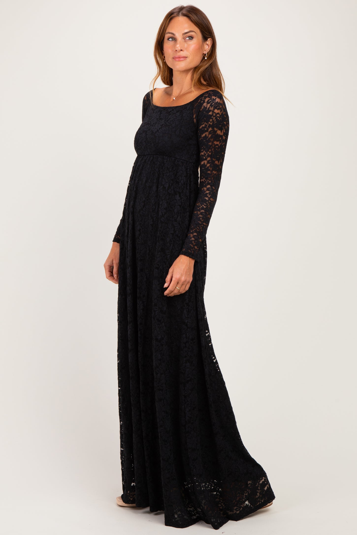 Black Floral Lace Long Sleeve Off Shoulder Maxi Dress