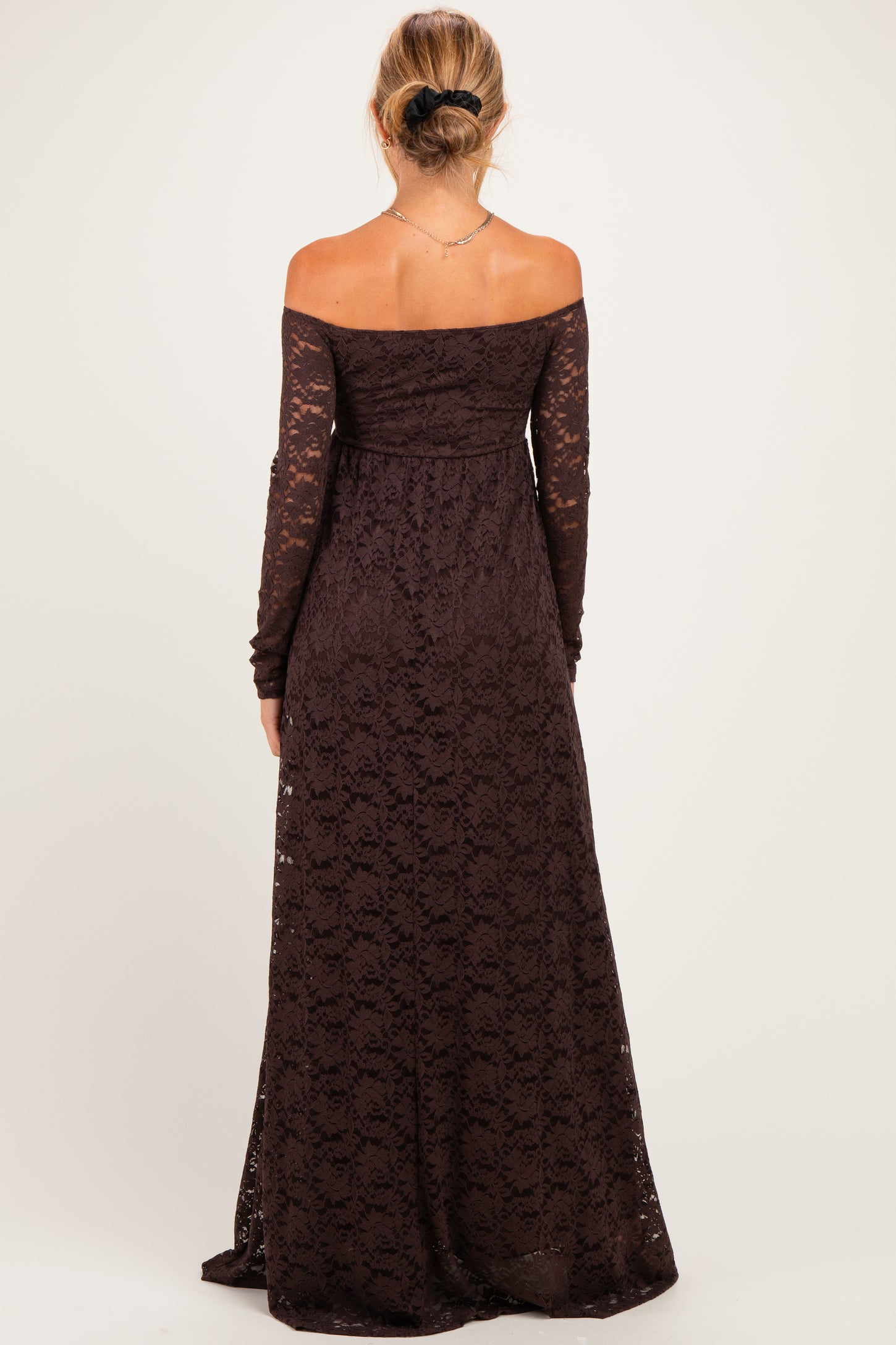 Brown Floral Lace Long Sleeve Off Shoulder Maternity Maxi Dress