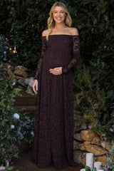 Brown Floral Lace Long Sleeve Off Shoulder Maternity Maxi Dress