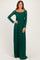 woman wearing a dark green long sleeve lace maxi dress with a scoop neckline and fitted waist