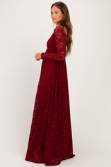 Burgundy Floral Lace Long Sleeve Off Shoulder Maxi Dress