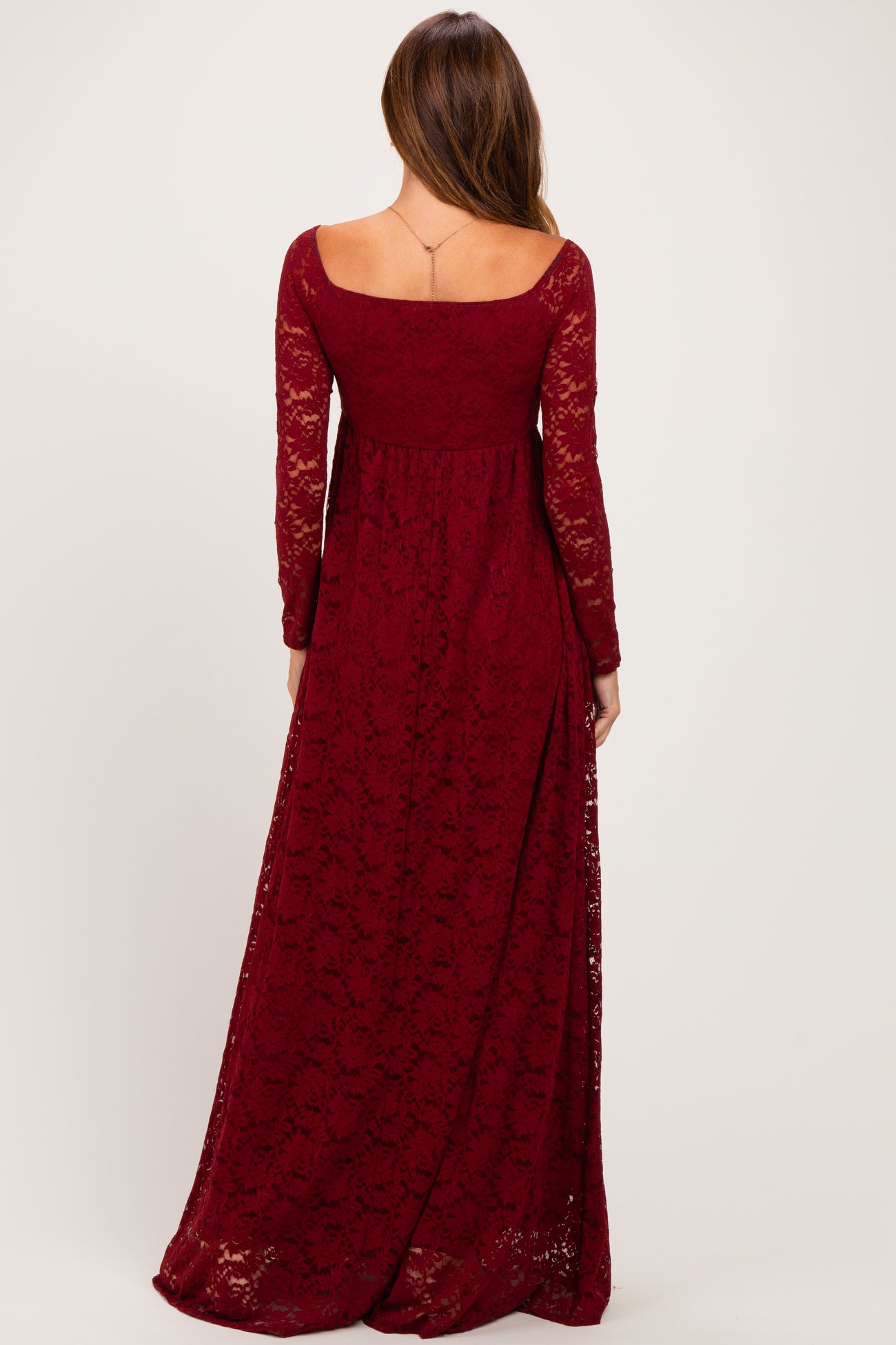 Burgundy Floral Lace Long Sleeve Off Shoulder Maxi Dress