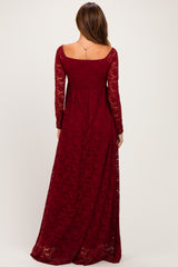 Burgundy Floral Lace Long Sleeve Off Shoulder Maxi Dress
