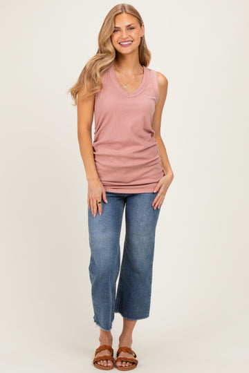 Rose Ribbed Sleeveless Ruched Tank Top