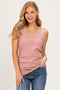 Rose Ribbed Sleeveless Ruched Tank Top