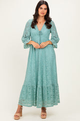 Blue Floral Lace 3/4 Ruffle Sleeve V-Neck Maxi Dress