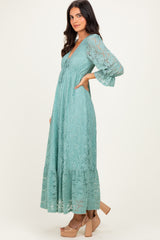 Blue Floral Lace 3/4 Ruffle Sleeve V-Neck Maxi Dress